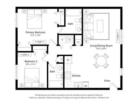 Floor plan for 2 beds, 2 baths, 1008 sqft